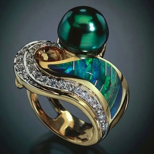 Anillo vintage de perla verde y zirconia