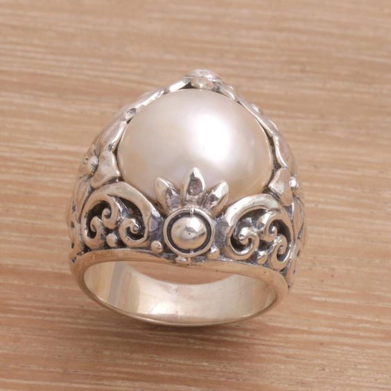 Anillo de plata con perlas redondeadas vintage