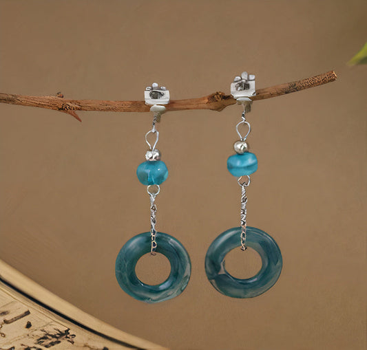 Pendientes colgantes de vidrio azul vintage
